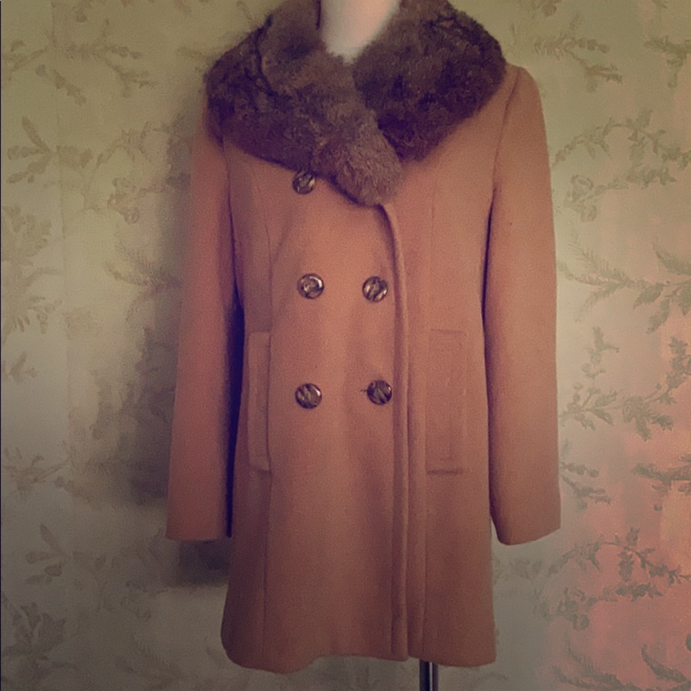 Vintage wool pea coat with rabbit fur collar